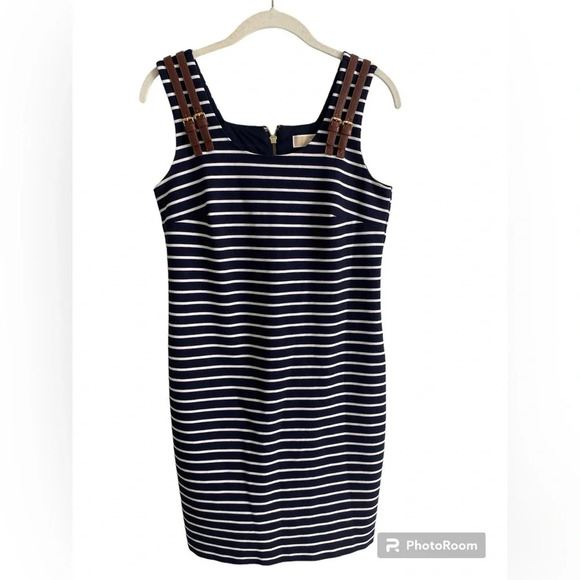 MICHAEL Kors  Coastal Navy White Striped Dress Leather Gold Buckles Small - Picture 3 of 15
